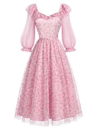 [Prevendita] Abito Rosa Anni '50 Floreale in Rete con Paillettes e Volant 2