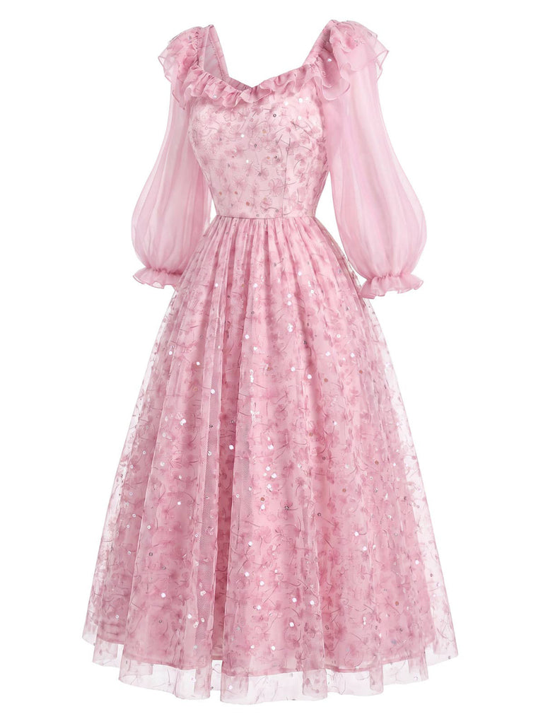[Prevendita] Abito Rosa Anni '50 Floreale in Rete con Paillettes e Volant 3