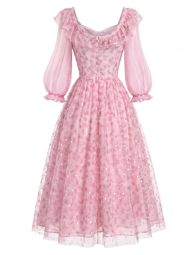 [Prevendita] Abito Rosa Anni '50 Floreale in Rete con Paillettes e Volant 4