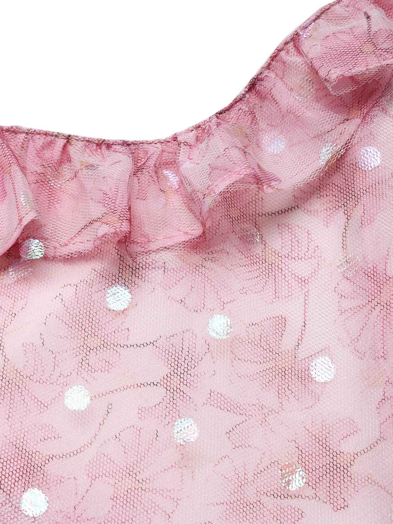 [Prevendita] Abito Rosa Anni '50 Floreale in Rete con Paillettes e Volant 7
