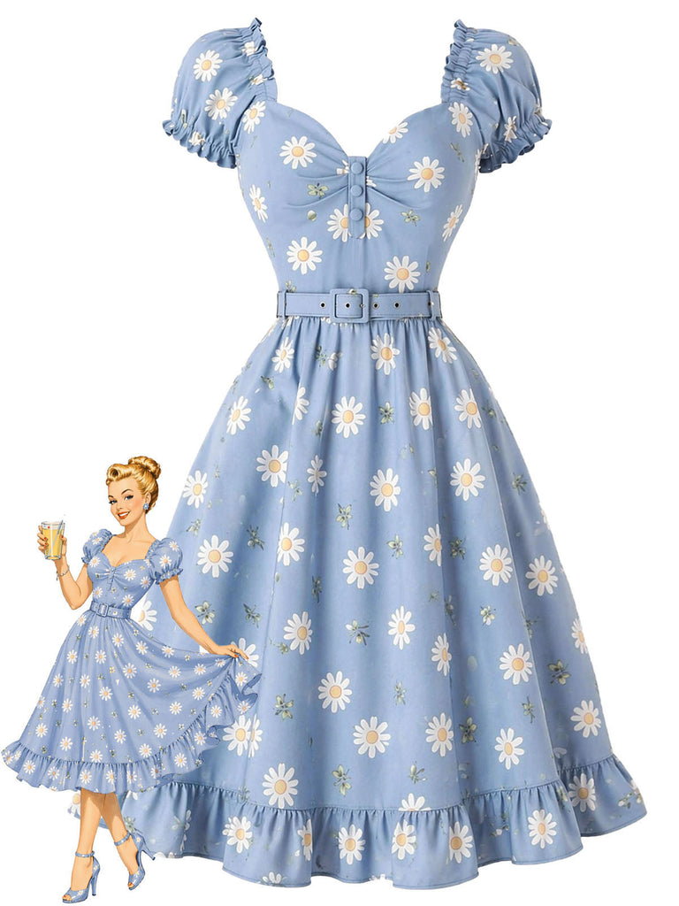 [Prevendita] Abito Scollo a Cuore Floreale con Margherite Azzurro Anni '50