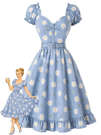 [Prevendita] Abito Scollo a Cuore Floreale con Margherite Azzurro Anni '50