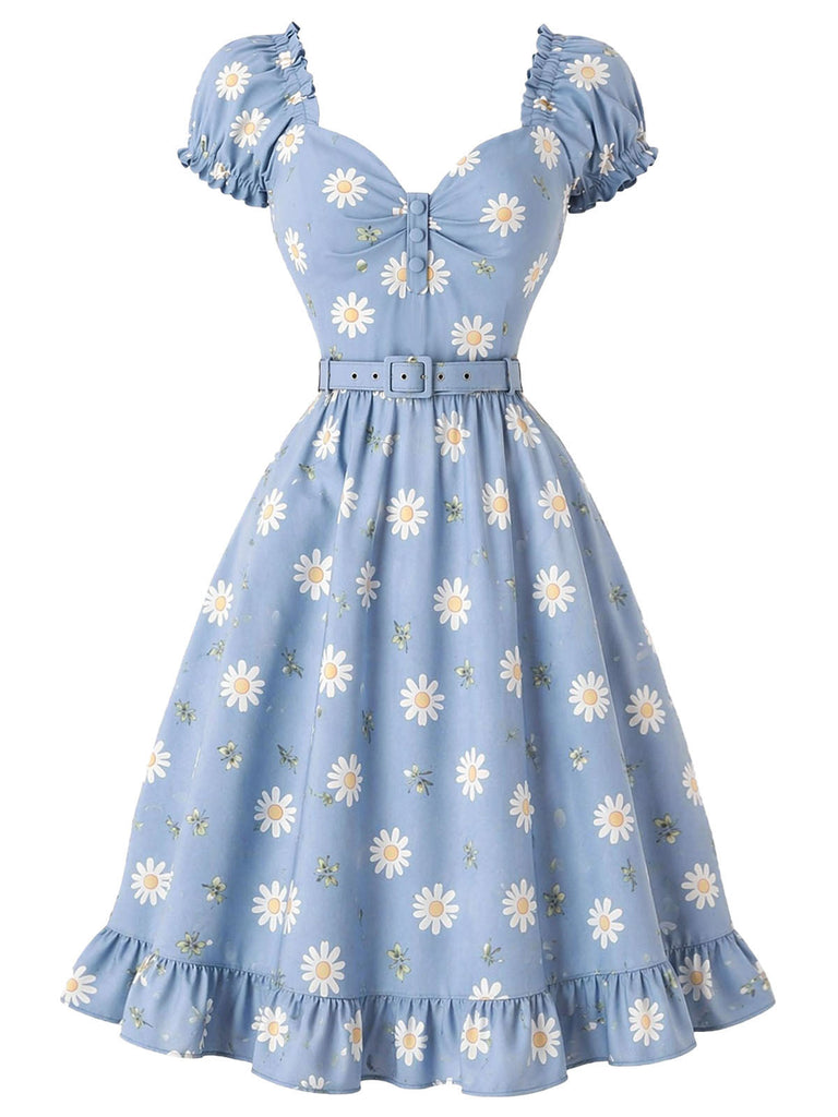 [Prevendita] Abito Scollo a Cuore Floreale con Margherite Azzurro Anni '50 2
