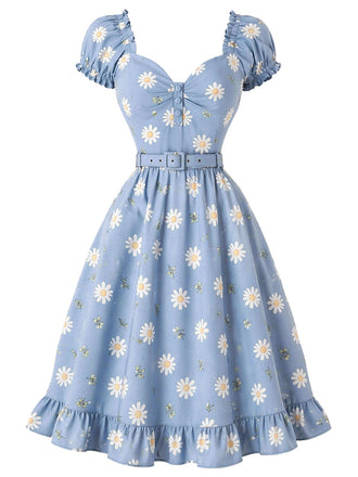 [Prevendita] Abito Scollo a Cuore Floreale con Margherite Azzurro Anni '50 2