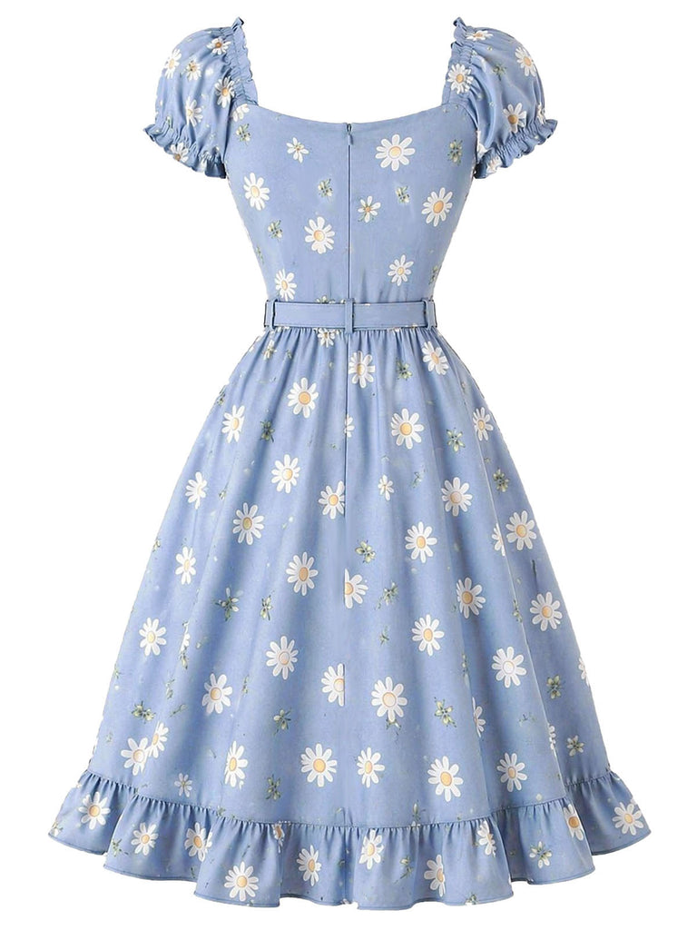 [Prevendita] Abito Scollo a Cuore Floreale con Margherite Azzurro Anni '50 3