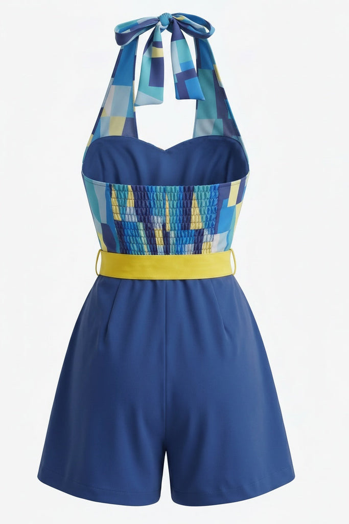 Dark Blue 1970s Vintage Floral Halter Jumpsuit