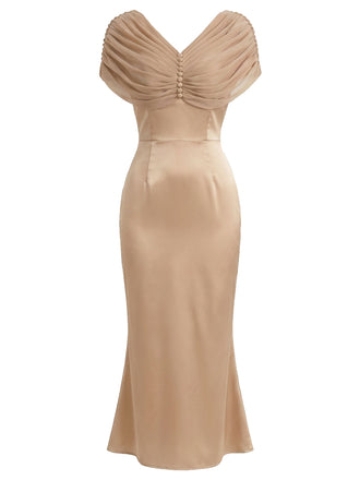 [Prevendita] Abito a Sirena Champagne Anni '30 Tinta Unita Arricciato Scollo a V 2