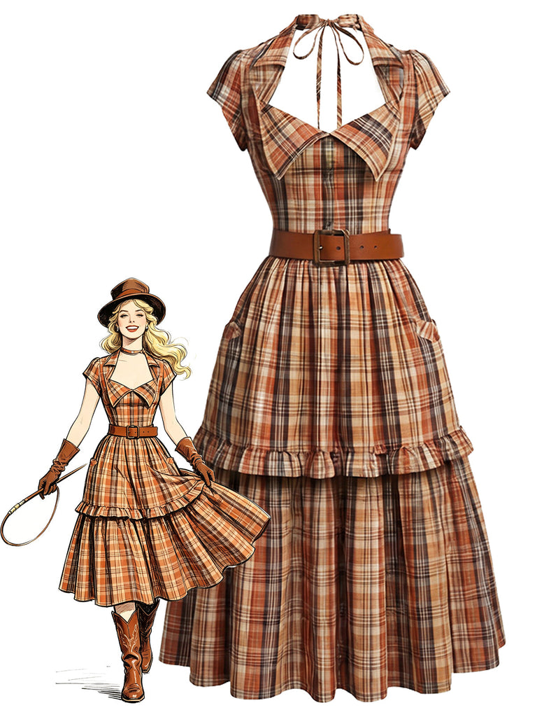 [Prevendita] Abito Halter a Quadri Cowgirl con Colletto Aperto e Cintura Anni '70