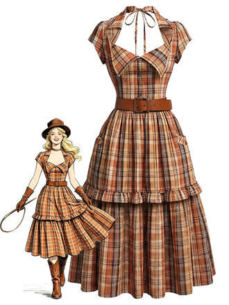 [Prevendita] Abito Halter a Quadri Cowgirl con Colletto Aperto e Cintura Anni '70