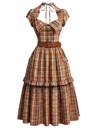 [Prevendita] Abito Halter a Quadri Cowgirl con Colletto Aperto e Cintura Anni '70 2