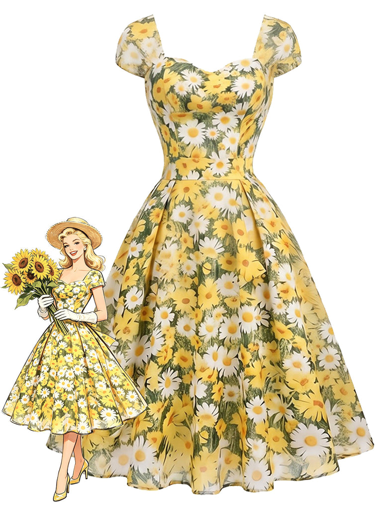 [Prevendita] Abito Svasato Scollo a Cuore Floreale con Margherite Giallo Anni '50