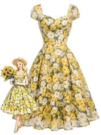 [Prevendita] Abito Svasato Scollo a Cuore Floreale con Margherite Giallo Anni '50