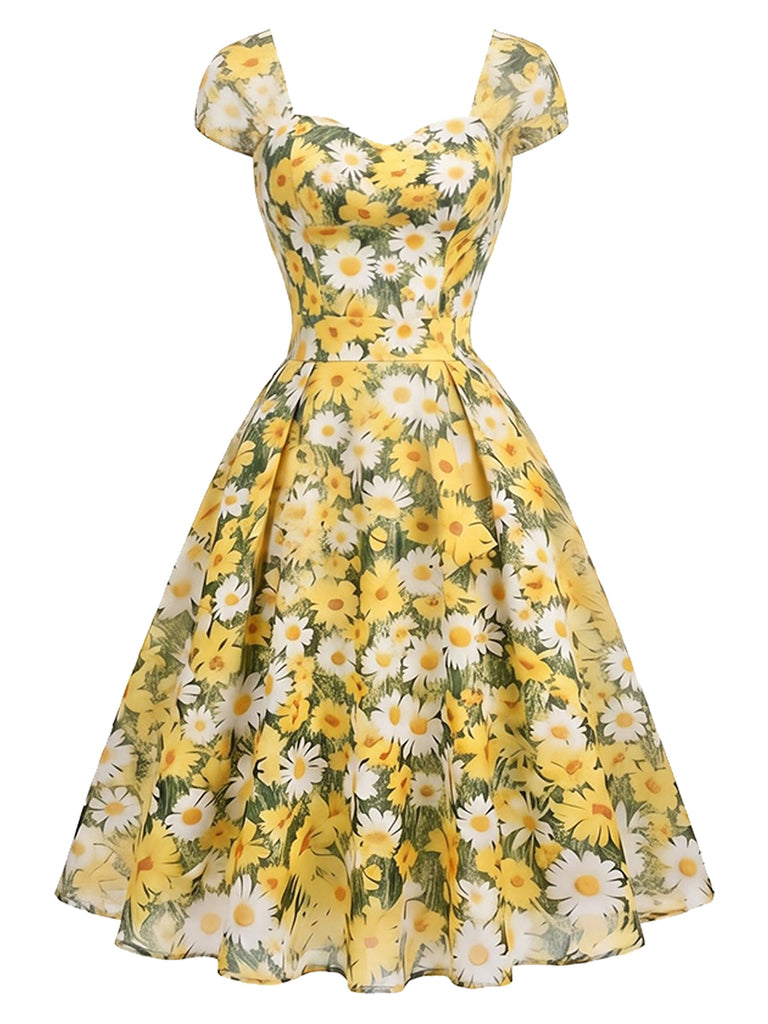 [Prevendita] Abito Svasato Scollo a Cuore Floreale con Margherite Giallo Anni '50 2