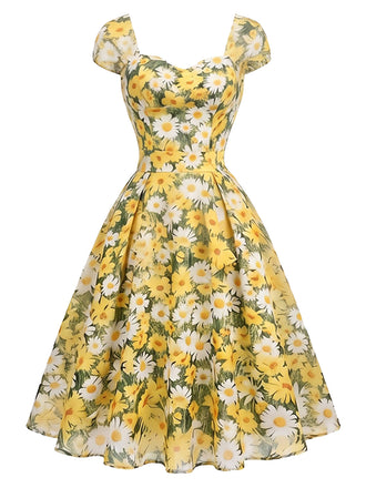 [Prevendita] Abito Svasato Scollo a Cuore Floreale con Margherite Giallo Anni '50 2