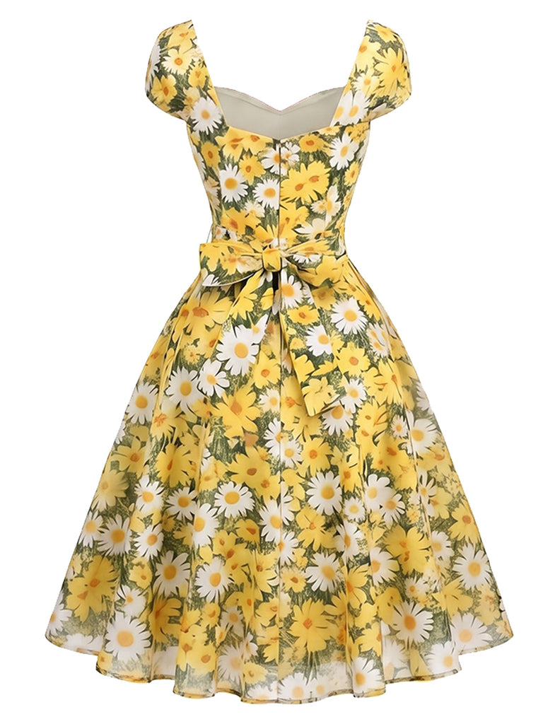[Prevendita] Abito Svasato Scollo a Cuore Floreale con Margherite Giallo Anni '50 3