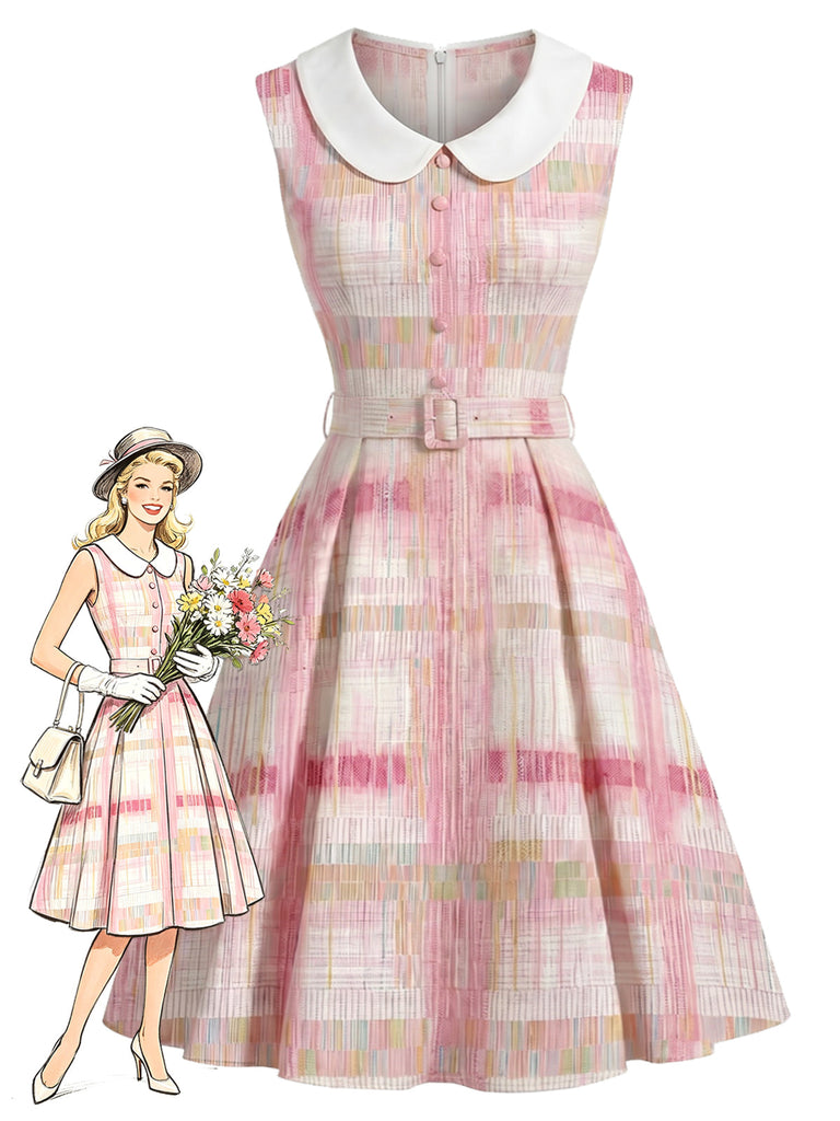 [Prevendita] Abito Senza Maniche Colletto alla Peter Pan a Quadri Rosa Anni '50