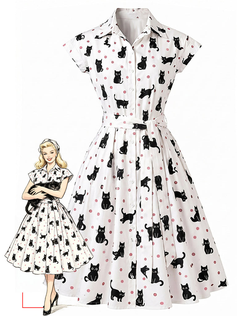 [Prevendita] Abito Camicia a Pois con Gatto e Cintura Anni '50