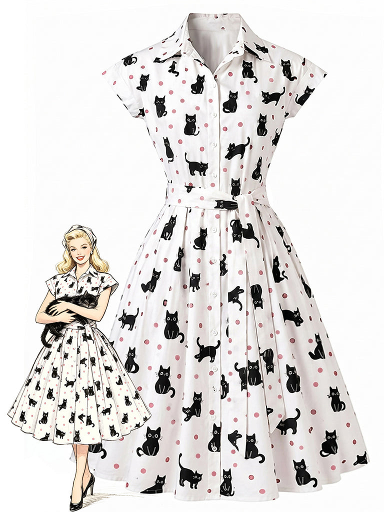 Abito Camicia Anni '50 a Pois con Gatto e Cintura