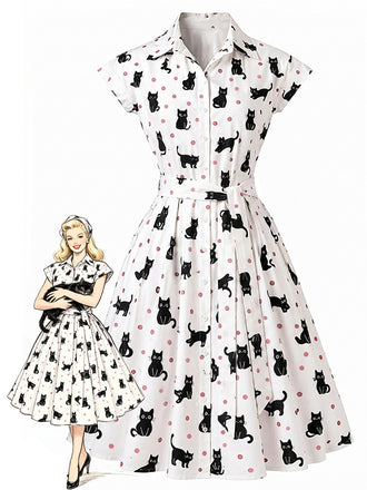 Abito Camicia Anni '50 a Pois con Gatto e Cintura