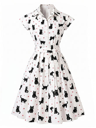 [Prevendita] Abito Camicia a Pois con Gatto e Cintura Anni '50 2