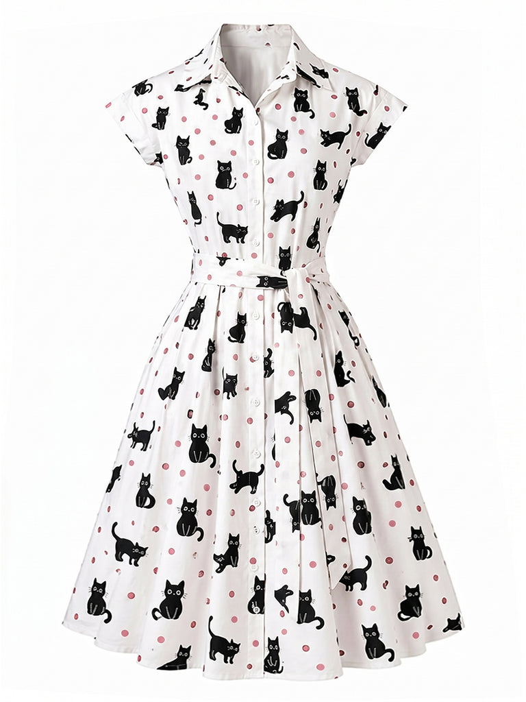 Abito Camicia Anni '50 a Pois con Gatto e Cintura
