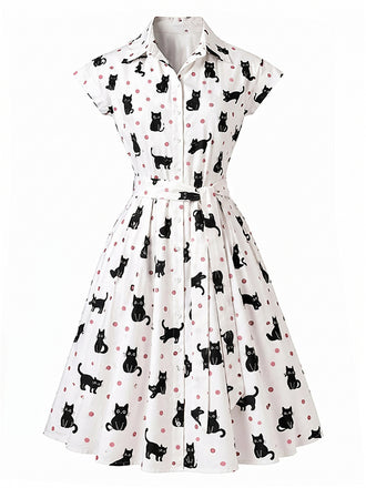 Abito Camicia Anni '50 a Pois con Gatto e Cintura
