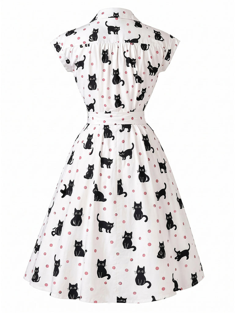 Abito Camicia Anni '50 a Pois con Gatto e Cintura
