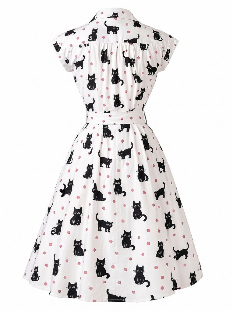 [Prevendita] Abito Camicia a Pois con Gatto e Cintura Anni '50 3