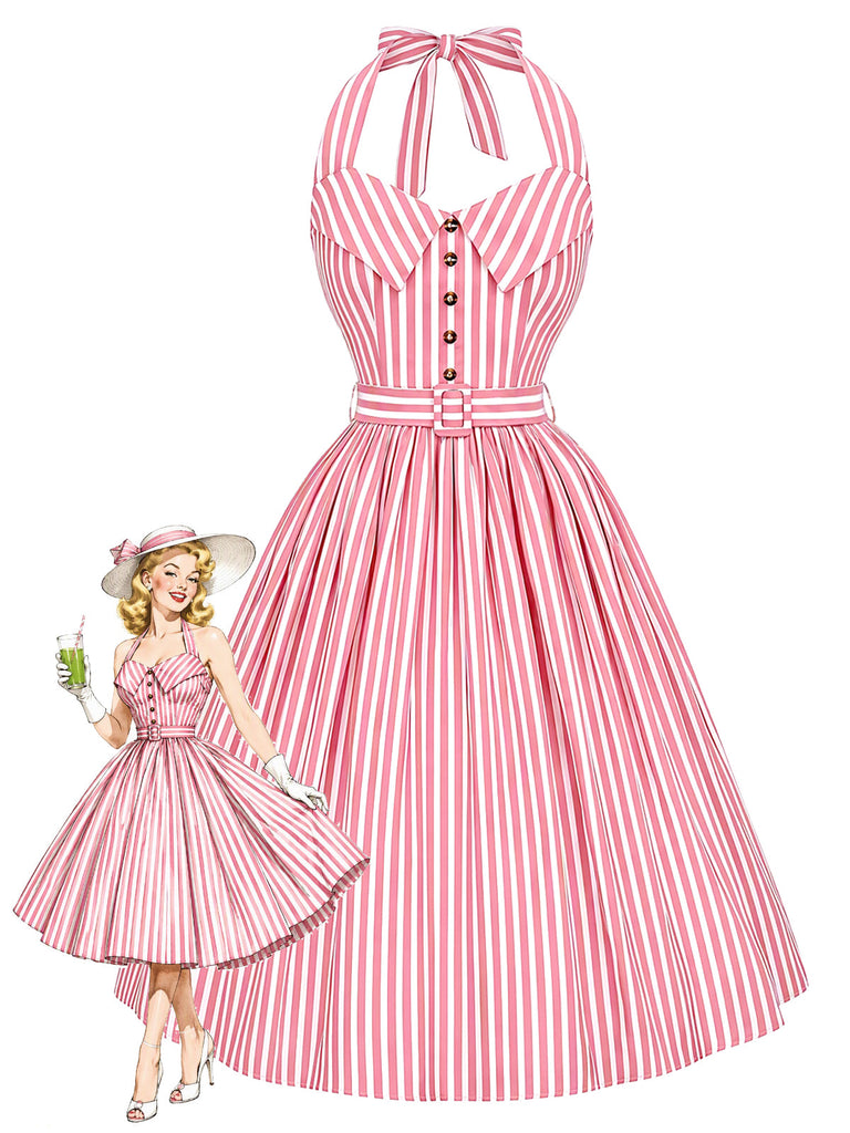 [Prevendita] Abito a Ruota Rosa Anni '50 a Righe con Scollo all'Americana con Cintura