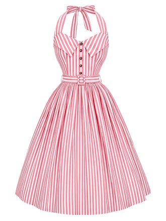 [Prevendita] Abito a Ruota Rosa Anni '50 a Righe con Scollo all'Americana con Cintura 2