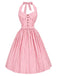 [Prevendita] Abito a Ruota Rosa Anni '50 a Righe con Scollo all'Americana con Cintura 2