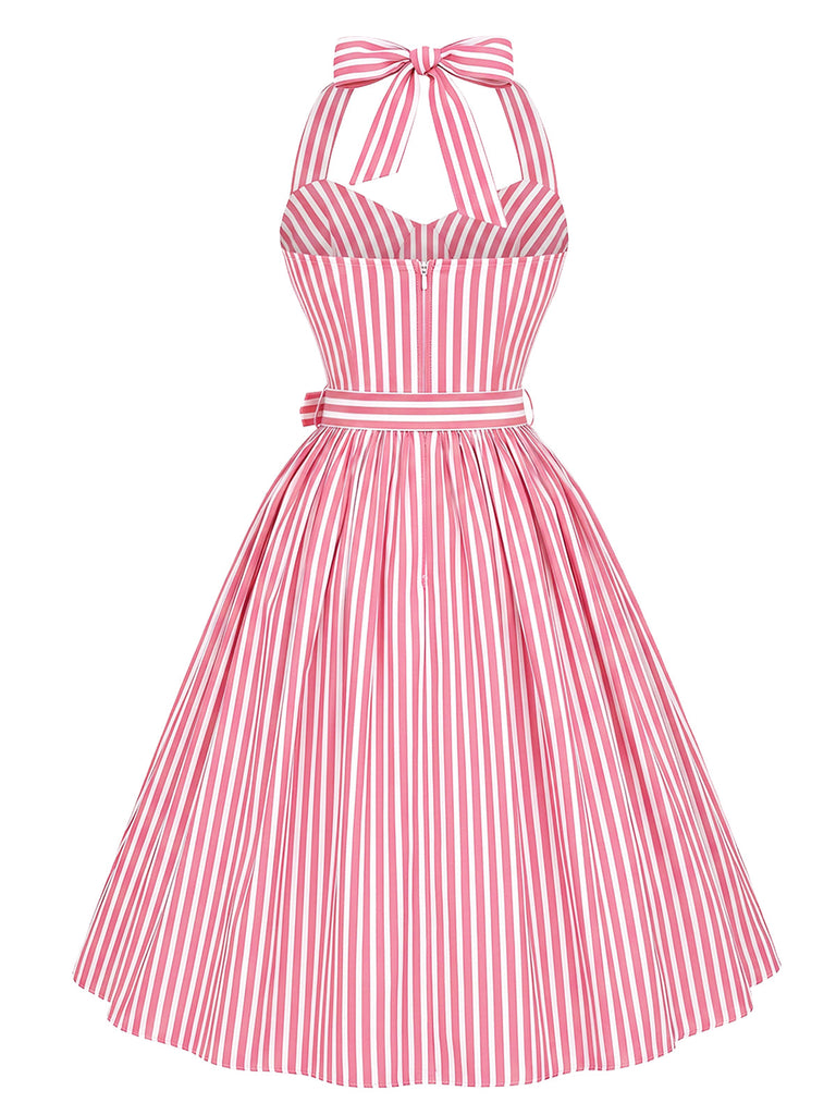 [Prevendita] Abito a Ruota Rosa Anni '50 a Righe con Scollo all'Americana con Cintura 3