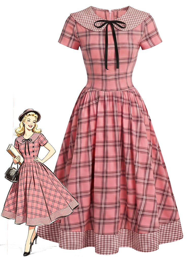 [Prevendita] Abito Rosa Antico Anni '40 a Quadri Colletto Peter Pan con Bottoni con Fiocco