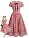 [Prevendita] Abito Rosa Antico Anni '40 a Quadri Colletto Peter Pan con Bottoni con Fiocco