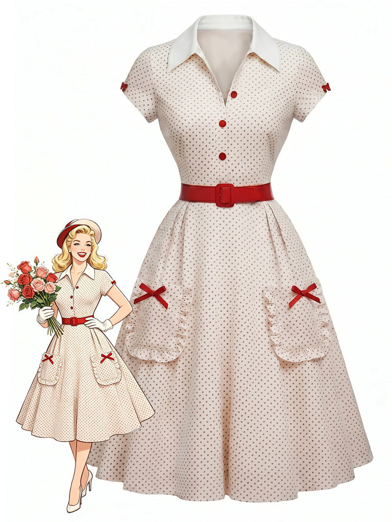 [Prevendita] Abito Bianco e Rosso Anni '50 a Pois con Colletto con Revers e Scollo a V e Fiocco
