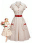 [Prevendita] Abito Bianco e Rosso Anni '50 a Pois con Revers e Scollo a V e Fiocco