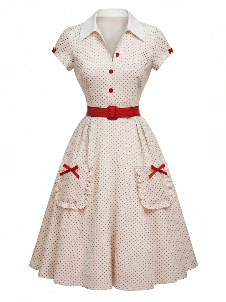 [Prevendita] Abito Bianco e Rosso Anni '50 a Pois con Colletto con Revers e Scollo a V e Fiocco 2