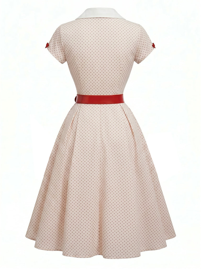 [Prevendita] Abito Bianco e Rosso Anni '50 a Pois con Colletto con Revers e Scollo a V e Fiocco 3