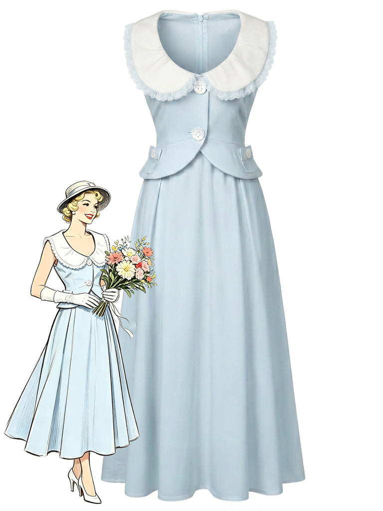 [Prevendita] Abito Midi Azzurro Chiaro Anni '40 Colletto Peter Pan Linea A