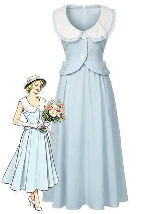 [Prevendita] Abito Midi Azzurro Chiaro Anni '40 Colletto Peter Pan Linea A