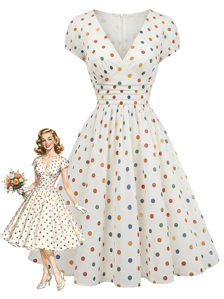 [Prevendita] Abito a Ruota Multicolore Anni '50 a Pois Scollo a V