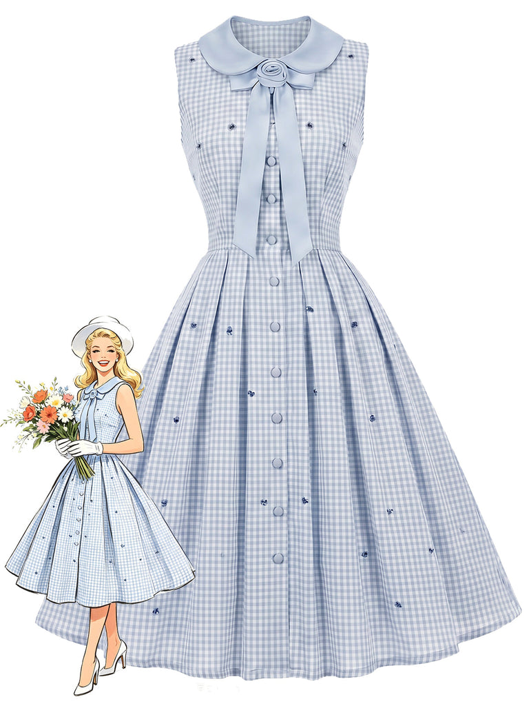 [Prevendita] Abito Azzurro Chiaro Anni '50 a Quadri con Colletto Peter Pan Senza Maniche e Fiori