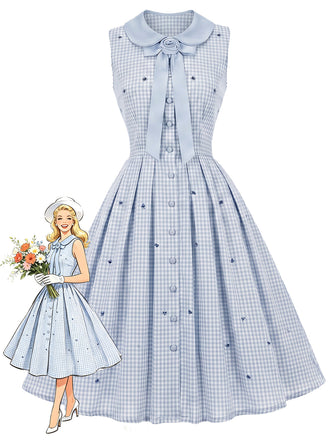 [Prevendita] Abito Azzurro Chiaro Anni '50 a Quadri con Colletto Peter Pan Senza Maniche e Fiori
