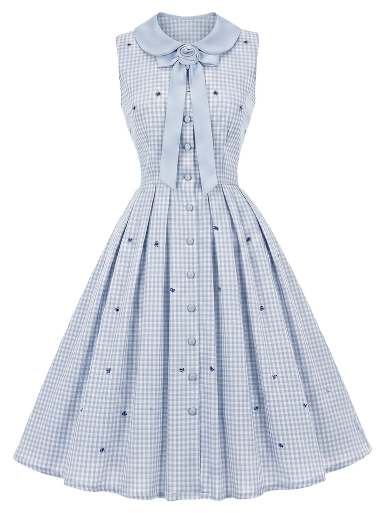 [Prevendita] Abito Azzurro Chiaro Anni '50 a Quadri con Colletto Peter Pan Senza Maniche e Fiori 2