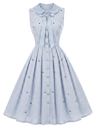 [Prevendita] Abito Azzurro Chiaro Anni '50 a Quadri con Colletto Peter Pan Senza Maniche e Fiori 2
