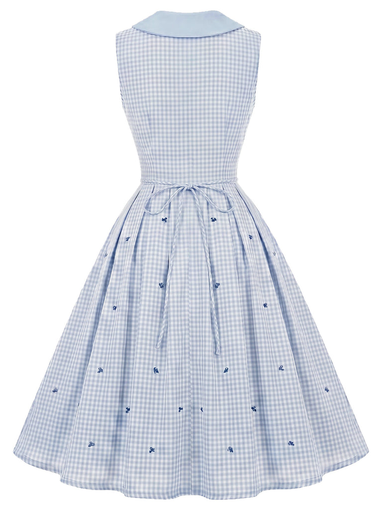 [Prevendita] Abito Azzurro Chiaro Anni '50 a Quadri con Colletto Peter Pan Senza Maniche e Fiori 3