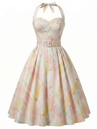[Prevendita] Abito Svasato Halter Stampa Ciliegie Pastello con Cintura Anni '50 2
