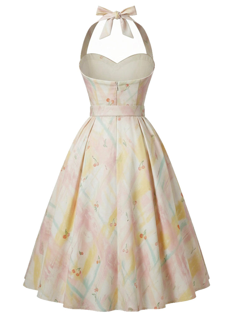 [Prevendita] Abito Svasato Halter Stampa Ciliegie Pastello con Cintura Anni '50 3