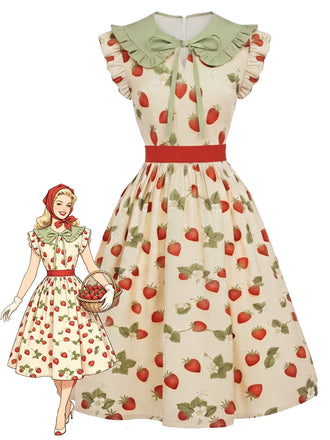 [Prevendita] Abito a Ruota Multicolore Anni '50 Strawberry con Volant Colletto Peter Pan
