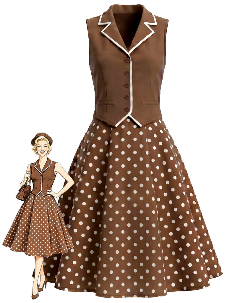 [Prevendita] Abito Marrone Anni '50 Effetto Due Pezzi a Pois con Scollo a V